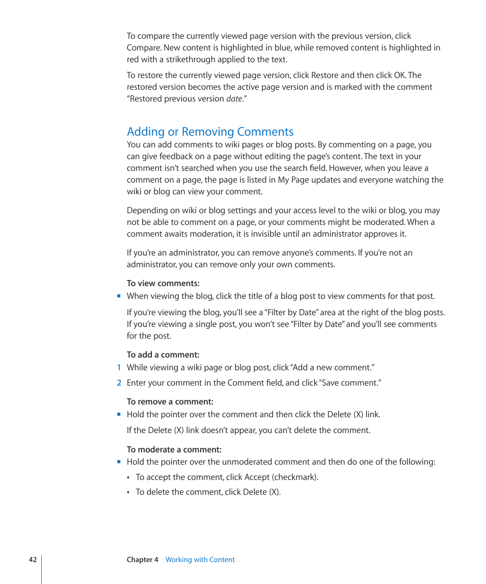 Adding or removing comments, 42 adding or removing comments | Apple Mac OS X Server v10.6 User Manual | Page 42 / 97