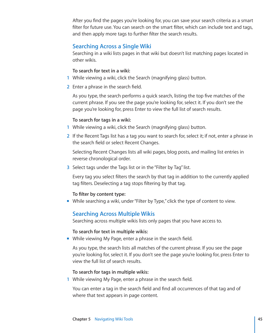 Searching across a single wiki, Searching across multiple wikis | Apple Mac OS X Server v10.6 User Manual | Page 45 / 97
