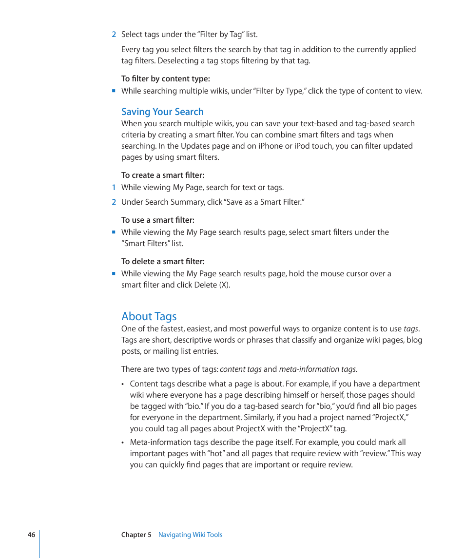 Saving your search, About tags, 46 about tags | Apple Mac OS X Server v10.6 User Manual | Page 46 / 97