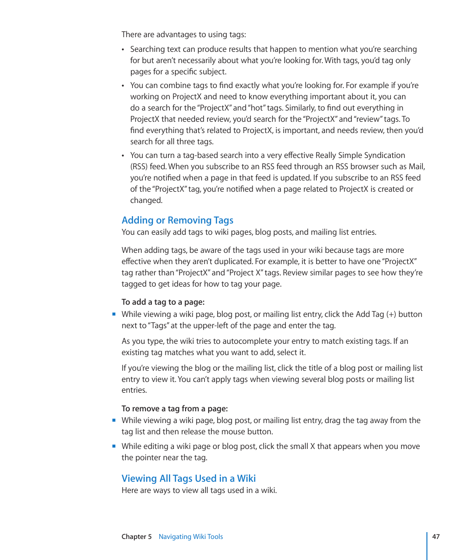 Adding or removing tags, Viewing all tags used in a wiki | Apple Mac OS X Server v10.6 User Manual | Page 47 / 97