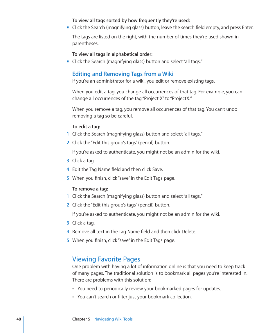 Editing and removing tags from a wiki, Viewing favorite pages | Apple Mac OS X Server v10.6 User Manual | Page 48 / 97