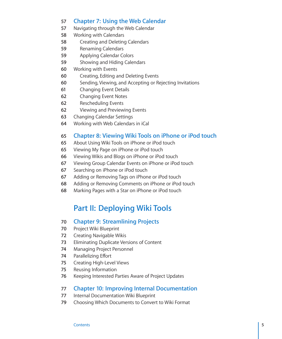 Part ii: deploying wiki tools, Chapter 7: using the web calendar, Chapter 9: streamlining projects | Chapter 10: improving internal documentation | Apple Mac OS X Server v10.6 User Manual | Page 5 / 97