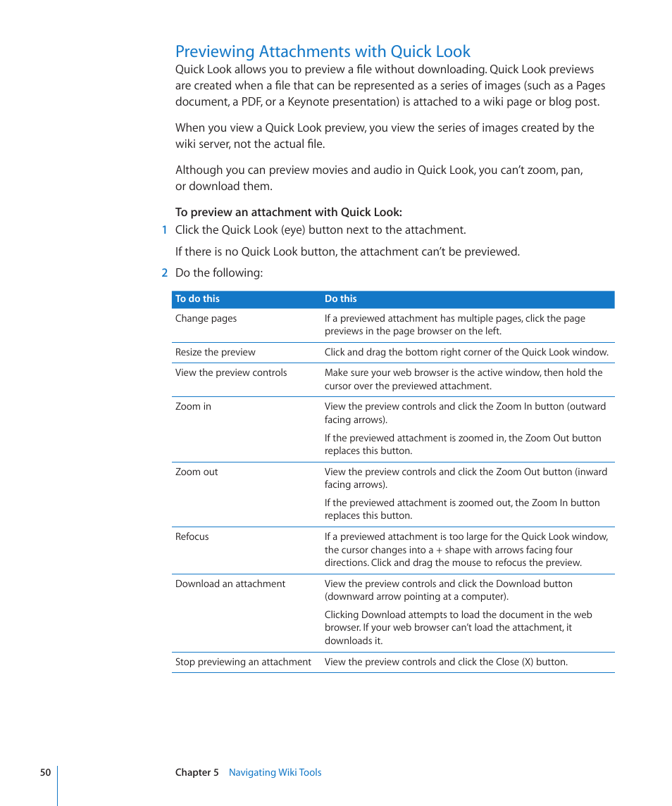 Previewing attachments with quick look, 50 previewing attachments with quick look | Apple Mac OS X Server v10.6 User Manual | Page 50 / 97