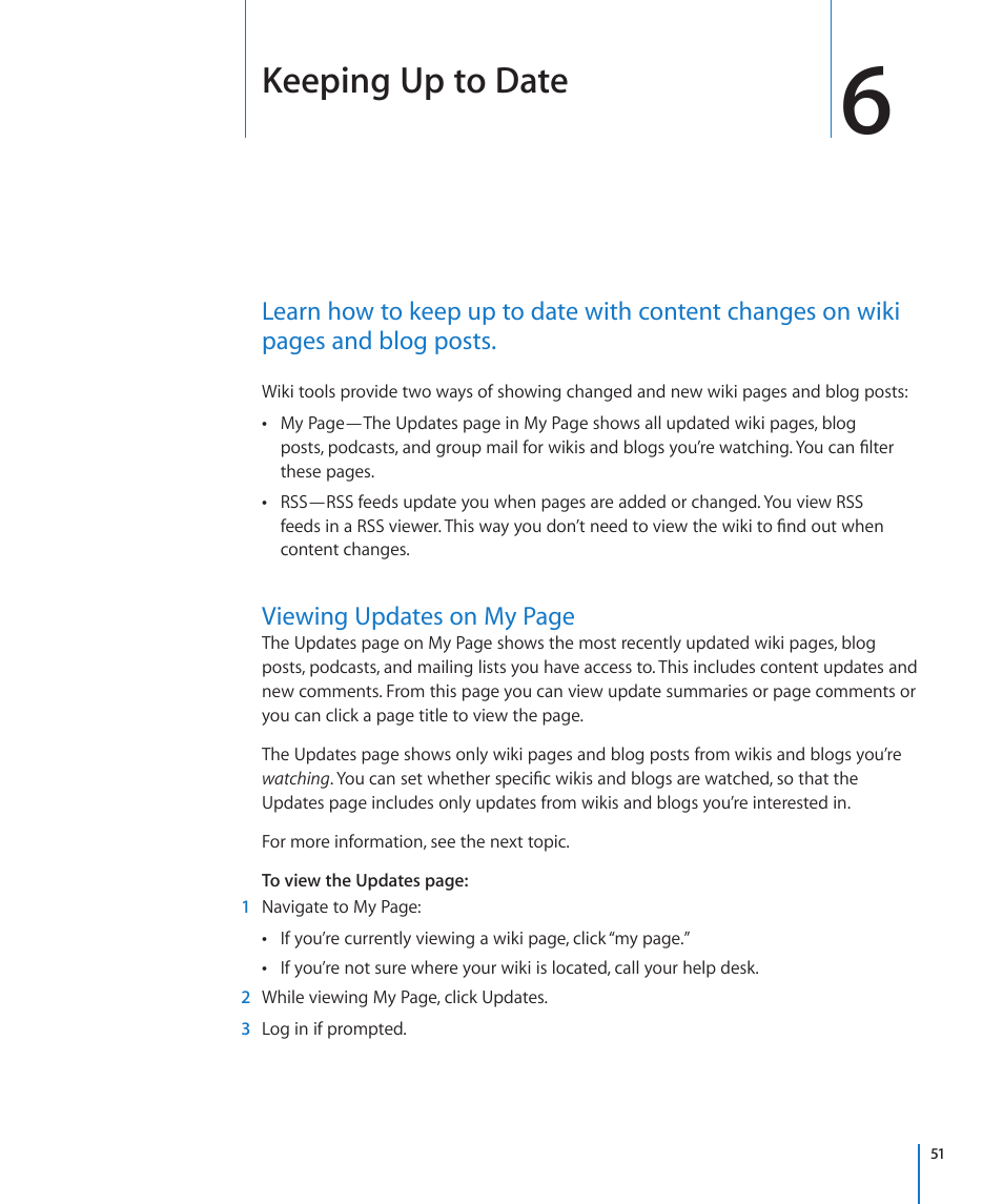 Chapter 6: keeping up to date, Chapter 6: keeping up to date, Keeping up to date | Viewing updates on my page | Apple Mac OS X Server v10.6 User Manual | Page 51 / 97