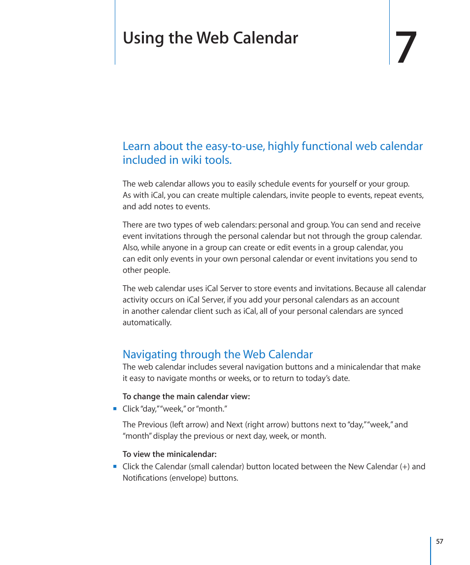 Chapter 7: using the web calendar, Navigating through the web calendar, Chapter 7: using the web calendar | 57 navigating through the web calendar, Using the web calendar | Apple Mac OS X Server v10.6 User Manual | Page 57 / 97
