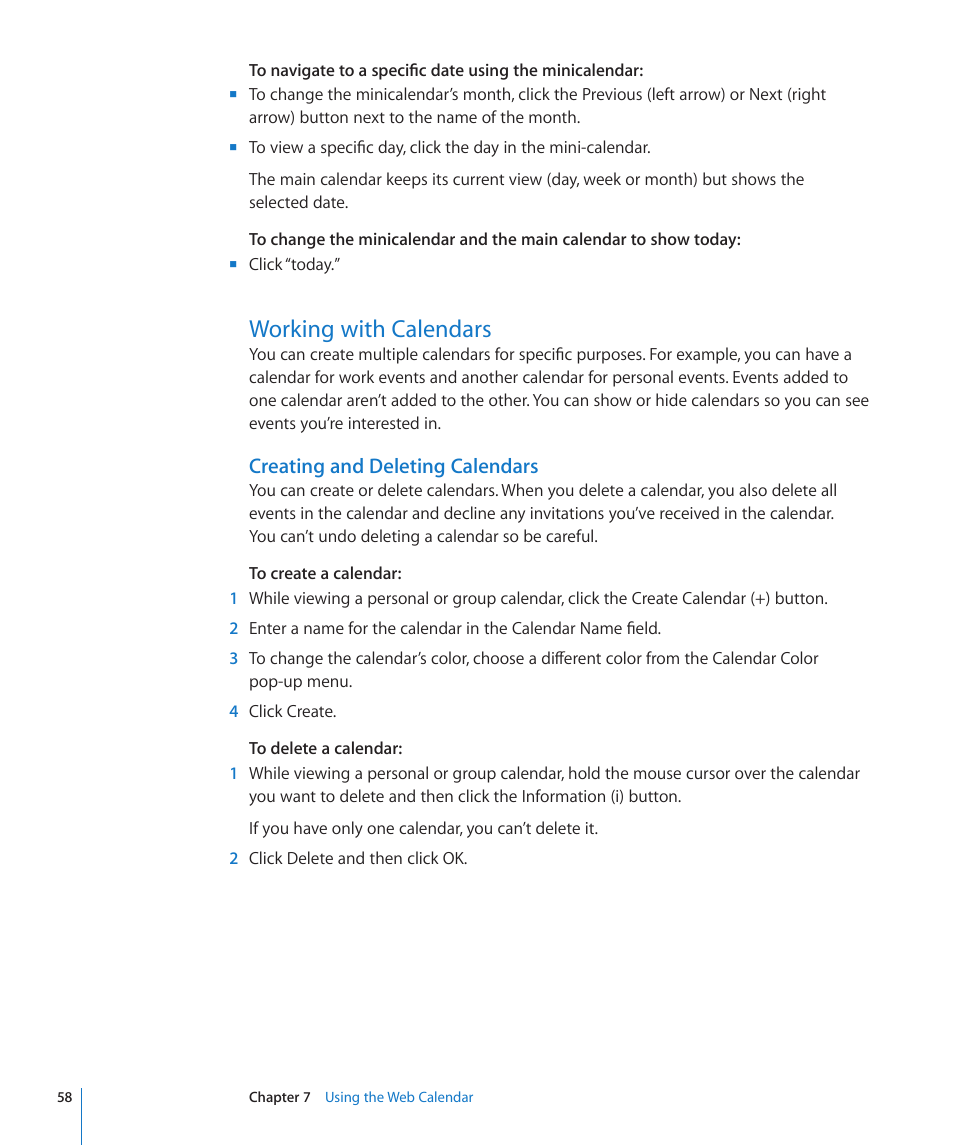 Working with calendars, Creating and deleting calendars, 58 working with calendars 58 | Apple Mac OS X Server v10.6 User Manual | Page 58 / 97