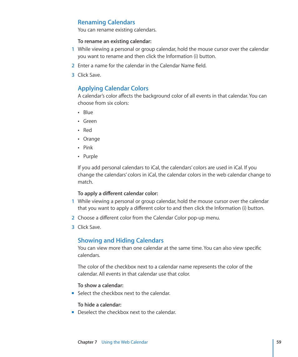 Renaming calendars, Applying calendar colors, Showing and hiding calendars | Apple Mac OS X Server v10.6 User Manual | Page 59 / 97