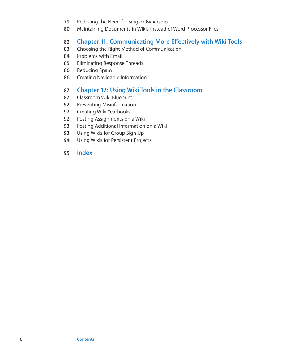 Chapter 12: using wiki tools in the classroom, Index | Apple Mac OS X Server v10.6 User Manual | Page 6 / 97