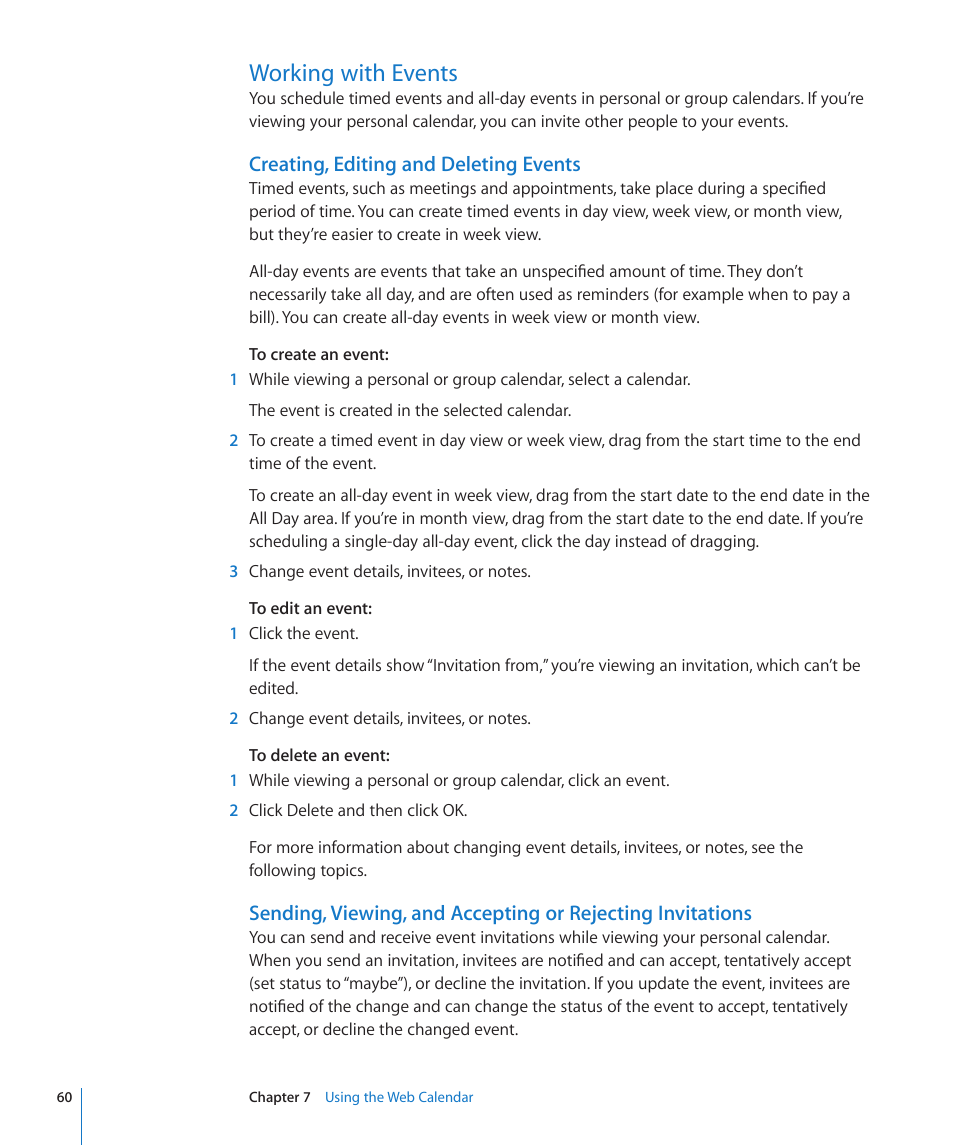 Working with events, Creating, editing and deleting events, 60 working with events 60 | Apple Mac OS X Server v10.6 User Manual | Page 60 / 97
