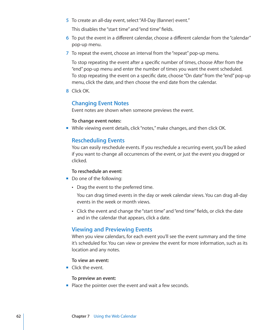 Changing event notes, Rescheduling events, Viewing and previewing events | Apple Mac OS X Server v10.6 User Manual | Page 62 / 97