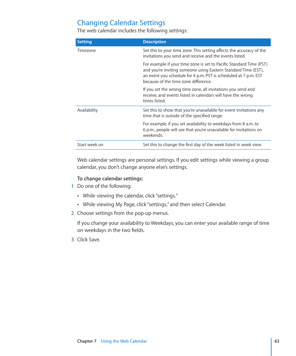 Changing calendar settings, 63 changing calendar settings | Apple Mac OS X Server v10.6 User Manual | Page 63 / 97