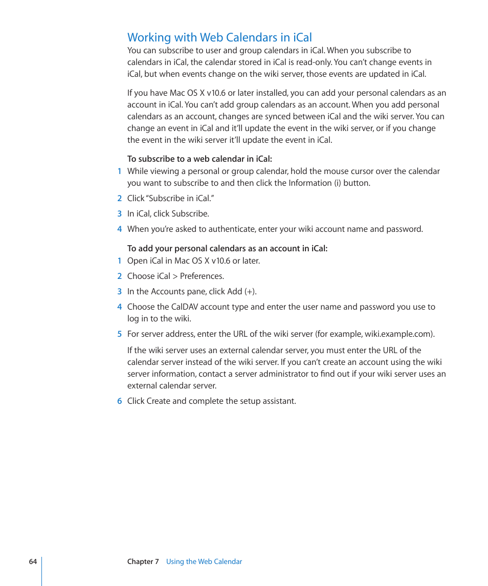 Working with web calendars in ical, 64 working with web calendars in ical | Apple Mac OS X Server v10.6 User Manual | Page 64 / 97