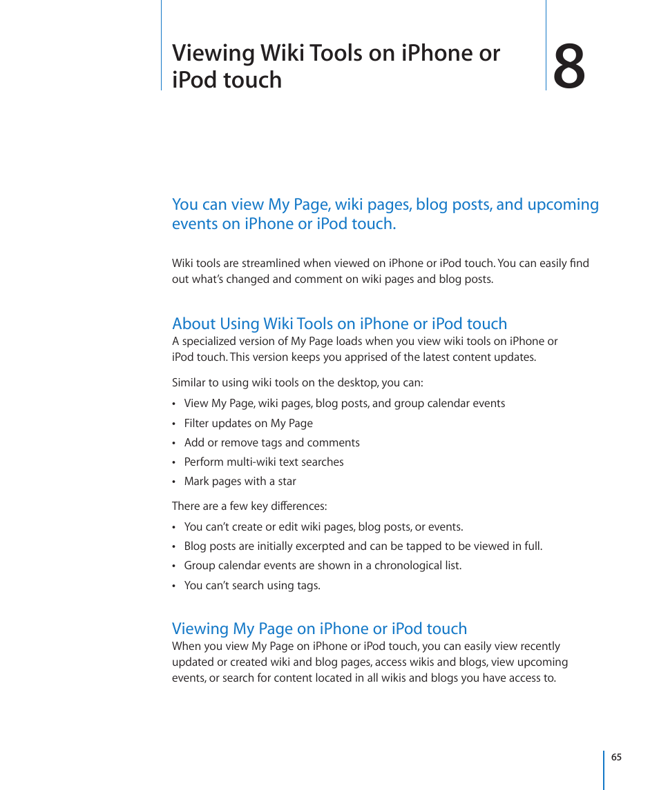 About using wiki tools on iphone or ipod touch, Viewing wiki tools on iphone or ipod touch | Apple Mac OS X Server v10.6 User Manual | Page 65 / 97