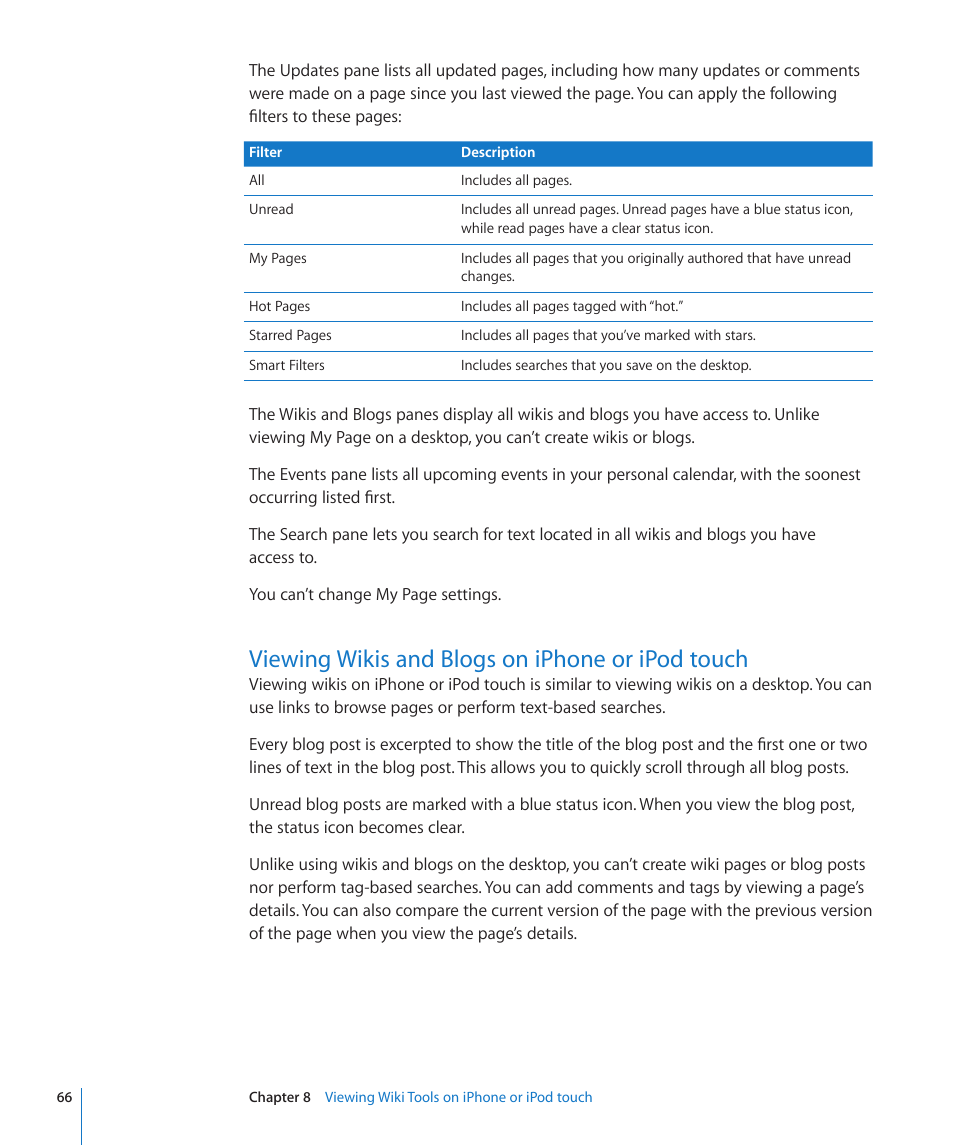 Viewing wikis and blogs on iphone or ipod touch, 66 viewing wikis and blogs on iphone or ipod touch | Apple Mac OS X Server v10.6 User Manual | Page 66 / 97