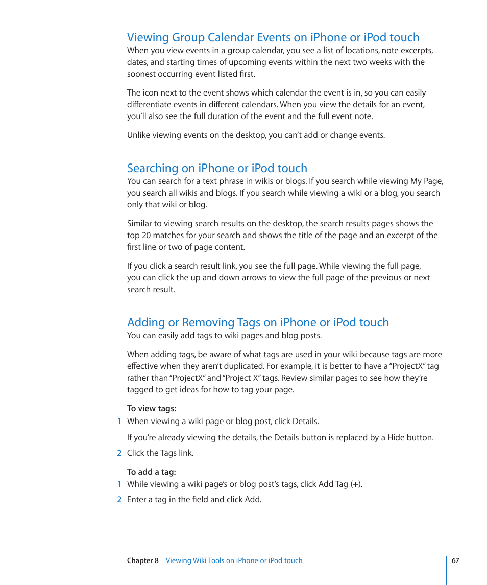 Searching on iphone or ipod touch, Adding or removing tags on iphone or ipod touch | Apple Mac OS X Server v10.6 User Manual | Page 67 / 97