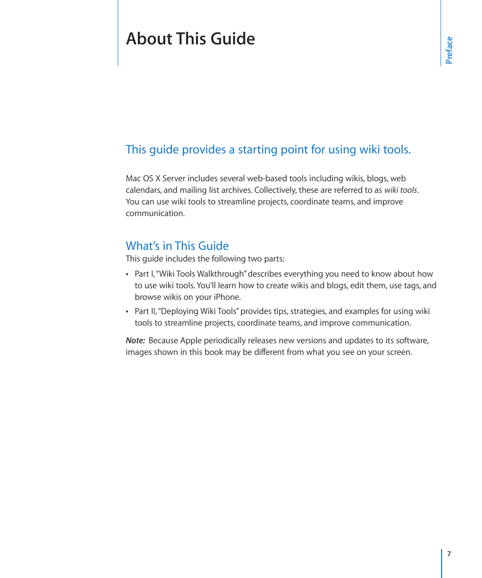 Preface: about this guide, What’s in this guide, About this guide | Apple Mac OS X Server v10.6 User Manual | Page 7 / 97