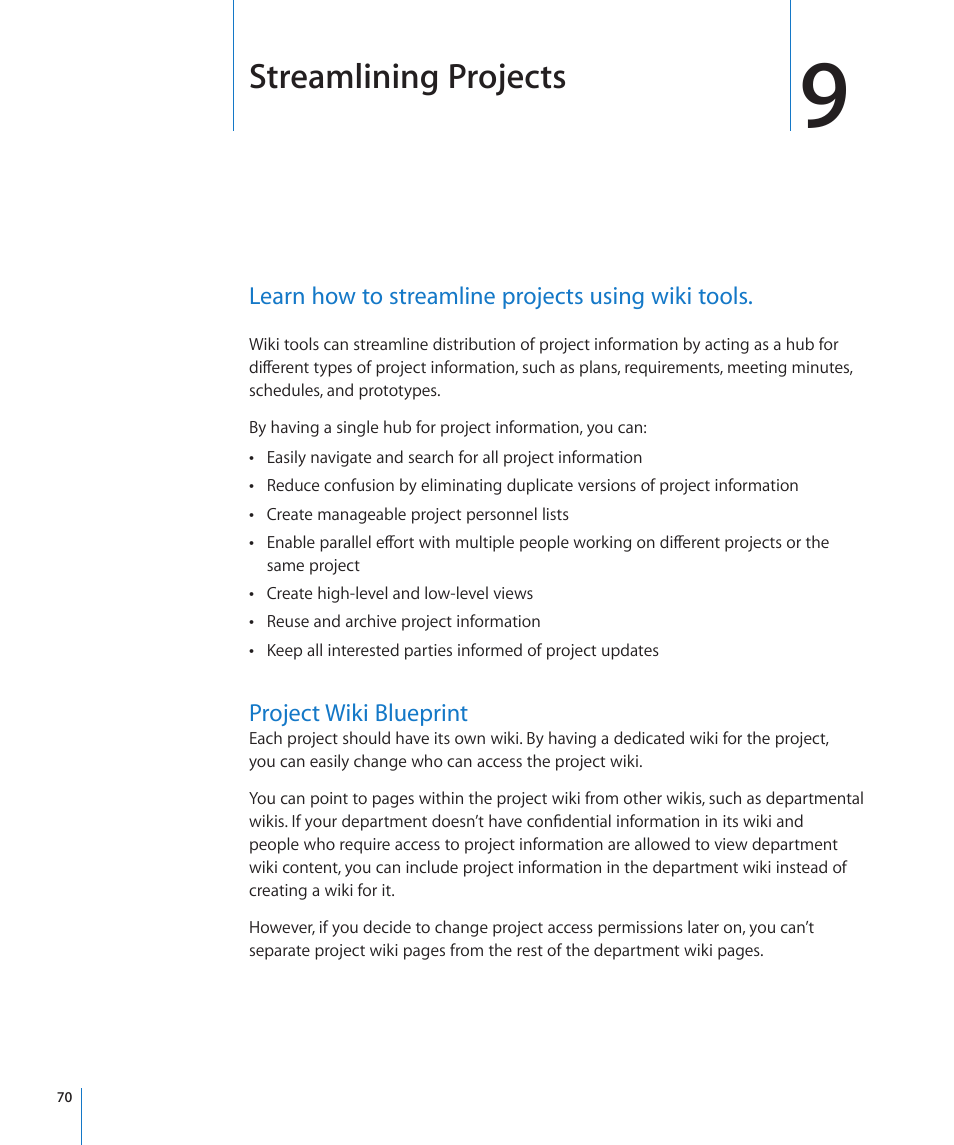 Chapter 9: streamlining projects, Project wiki blueprint, Chapter 9: streamlining projects | 70 project wiki blueprint, Streamlining projects | Apple Mac OS X Server v10.6 User Manual | Page 70 / 97
