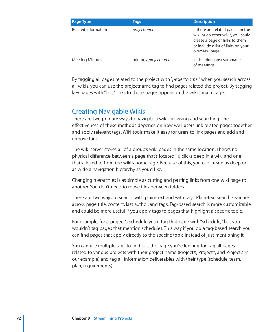 Creating navigable wikis, 72 creating navigable wikis | Apple Mac OS X Server v10.6 User Manual | Page 72 / 97