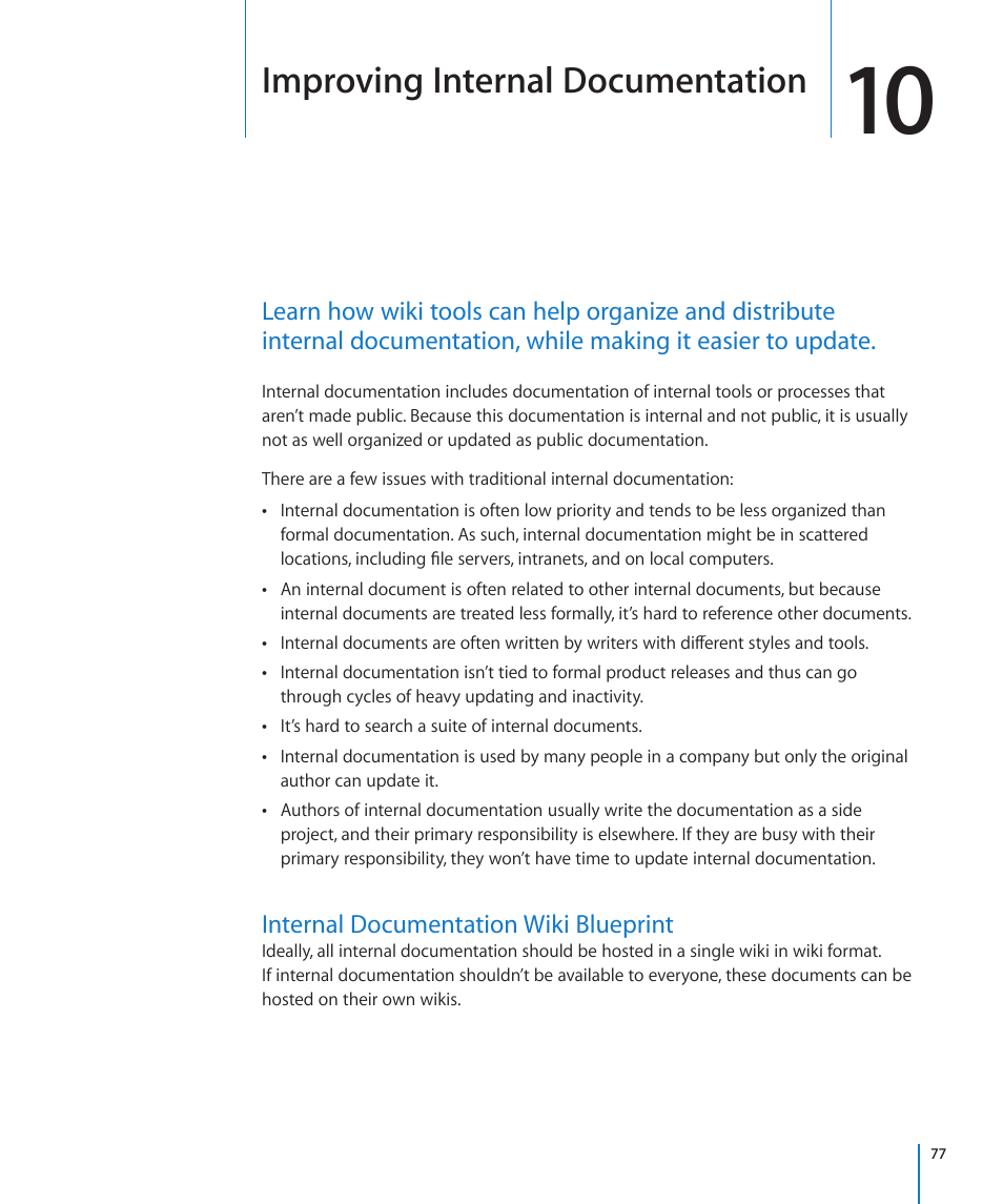 Chapter 10: improving internal documentation, Internal documentation wiki blueprint, Chapter 10: improving internal documentation | 77 internal documentation wiki blueprint, Improving internal documentation | Apple Mac OS X Server v10.6 User Manual | Page 77 / 97