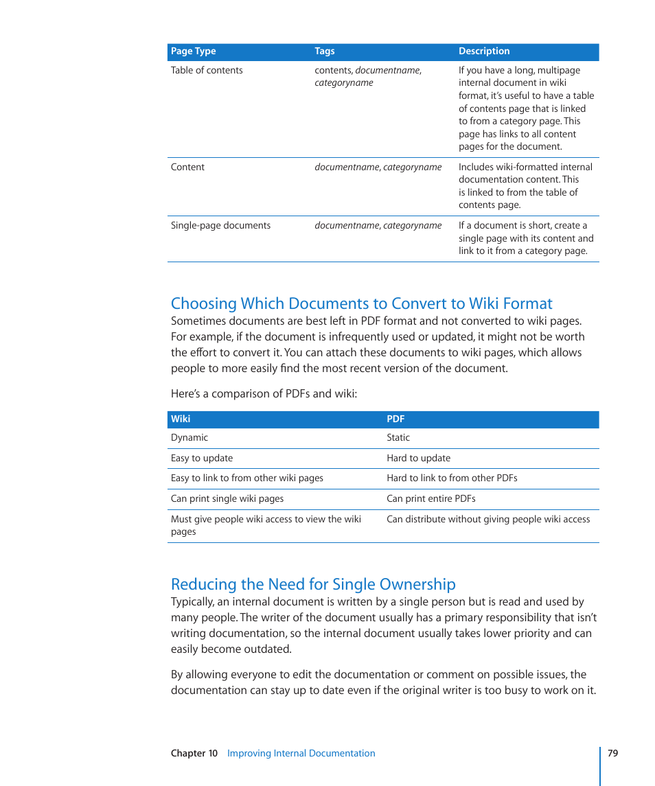 Choosing which documents to convert to wiki format, Reducing the need for single ownership, 79 reducing the need for single ownership | Apple Mac OS X Server v10.6 User Manual | Page 79 / 97