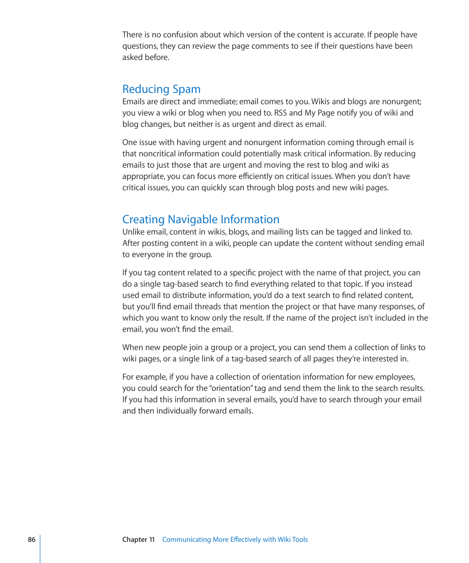 Reducing spam, Creating navigable information, 86 reducing spam 86 creating navigable information | Apple Mac OS X Server v10.6 User Manual | Page 86 / 97