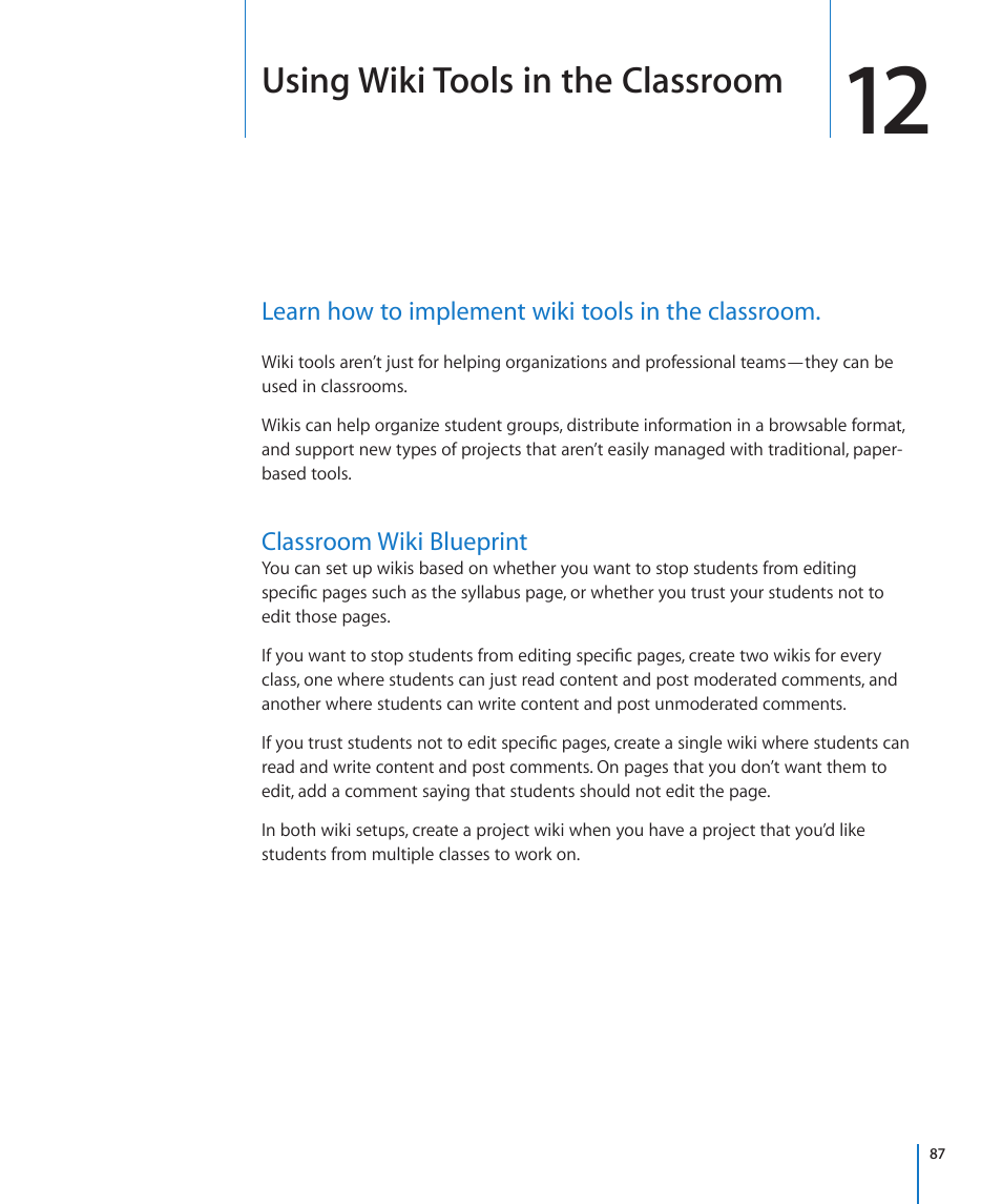 Chapter 12: using wiki tools in the classroom, Classroom wiki blueprint, Chapter 12: using wiki tools in the classroom | 87 classroom wiki blueprint, Using wiki tools in the classroom | Apple Mac OS X Server v10.6 User Manual | Page 87 / 97