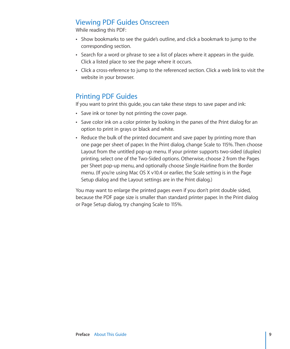 Viewing pdf guides onscreen, Printing pdf guides | Apple Mac OS X Server v10.6 User Manual | Page 9 / 97