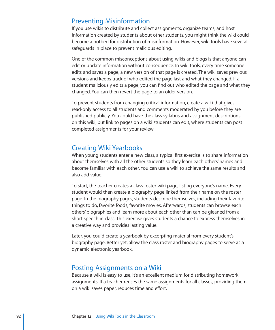 Preventing misinformation, Creating wiki yearbooks, Posting assignments on a wiki | Apple Mac OS X Server v10.6 User Manual | Page 92 / 97