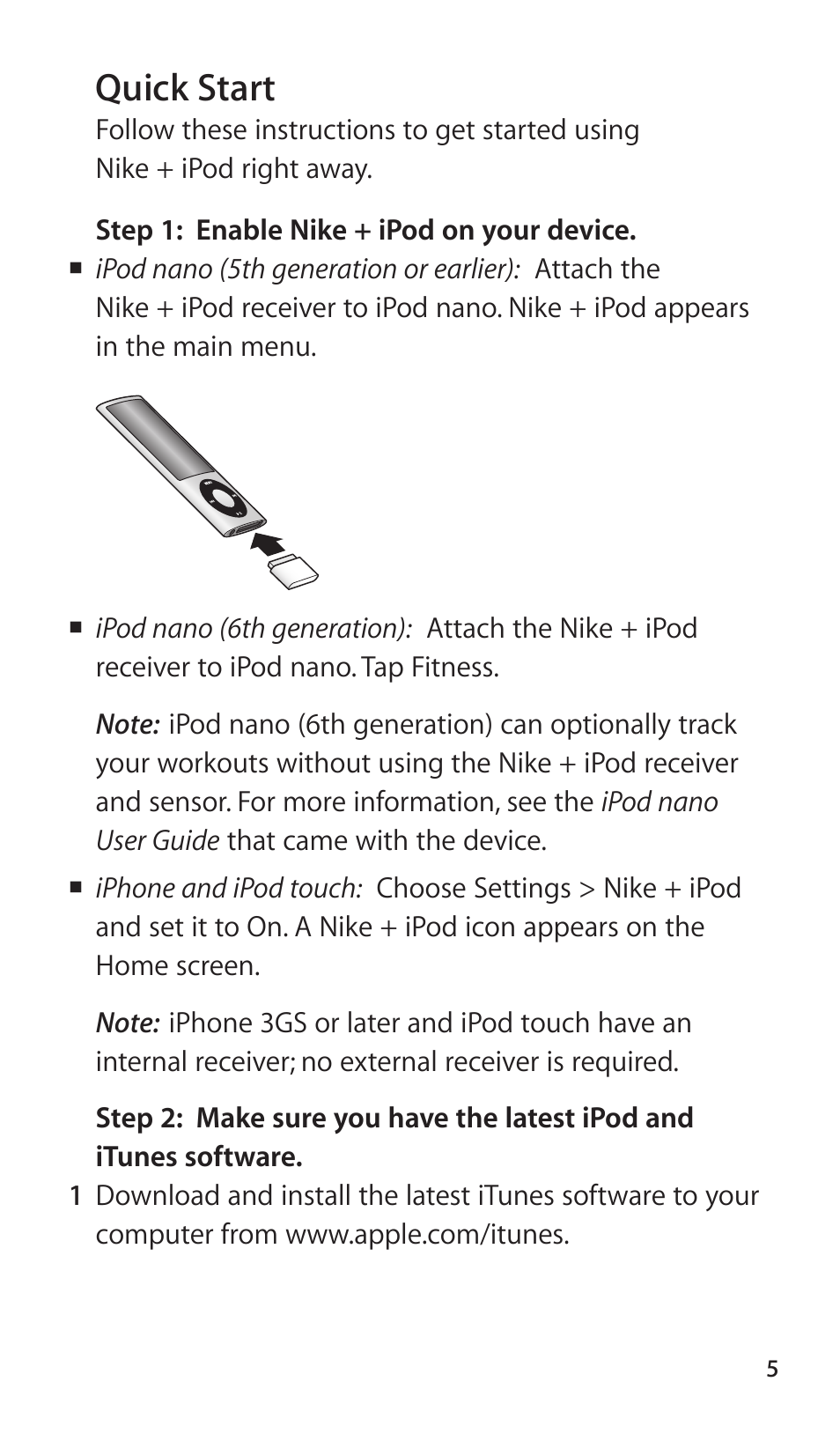 Quick start, 5 quick start | Apple Nike + iPod Sensor User Manual | Page 5 / 40