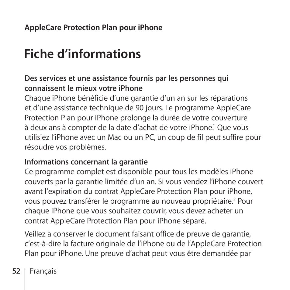 Fiche d’informations, 52 fiche d’informations | Apple AppleCare Protection Plan for iPhone User Manual | Page 52 / 80