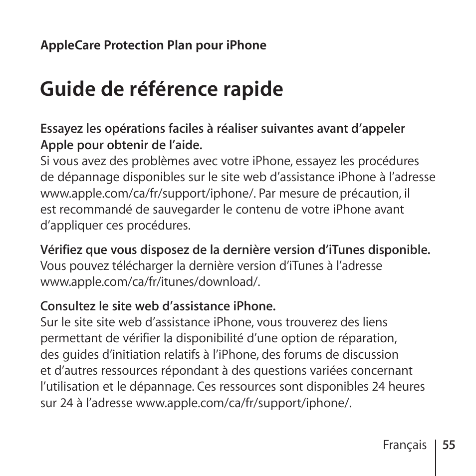 Guide de référence rapide, 55 guide de référence rapide | Apple AppleCare Protection Plan for iPhone User Manual | Page 55 / 80