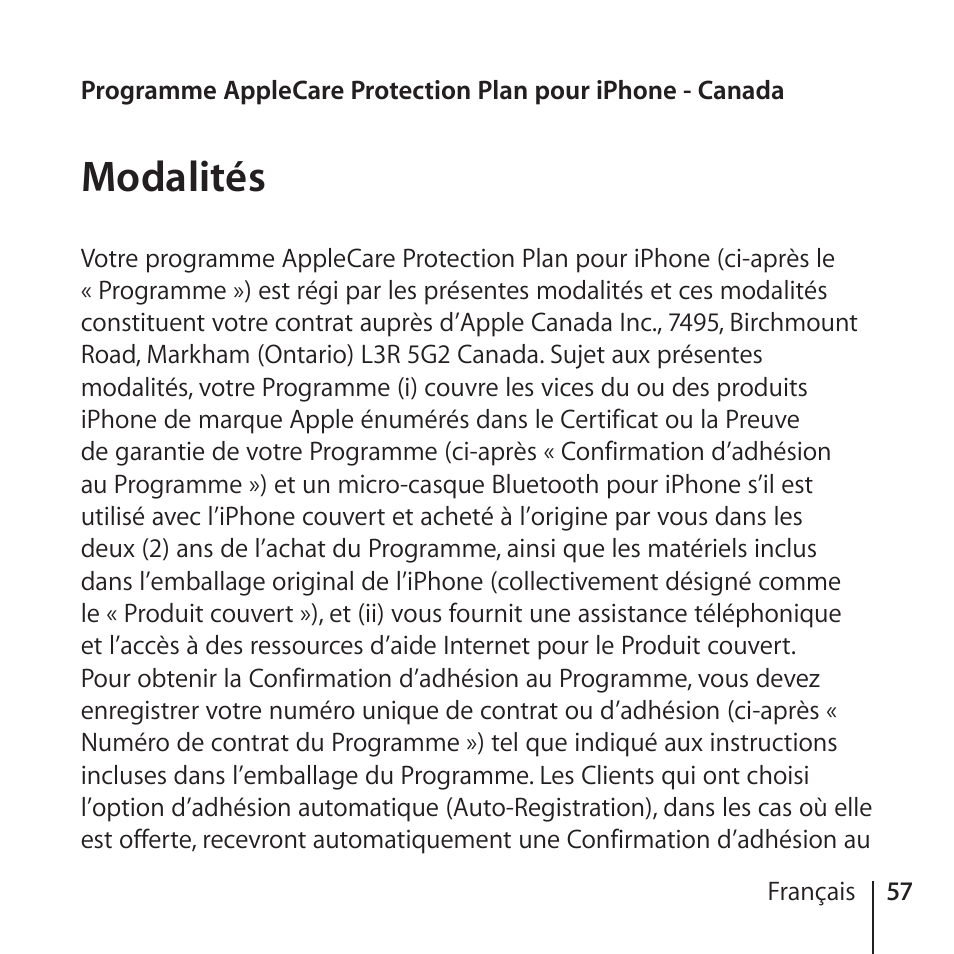 Modalités, 57 modalités | Apple AppleCare Protection Plan for iPhone User Manual | Page 57 / 80