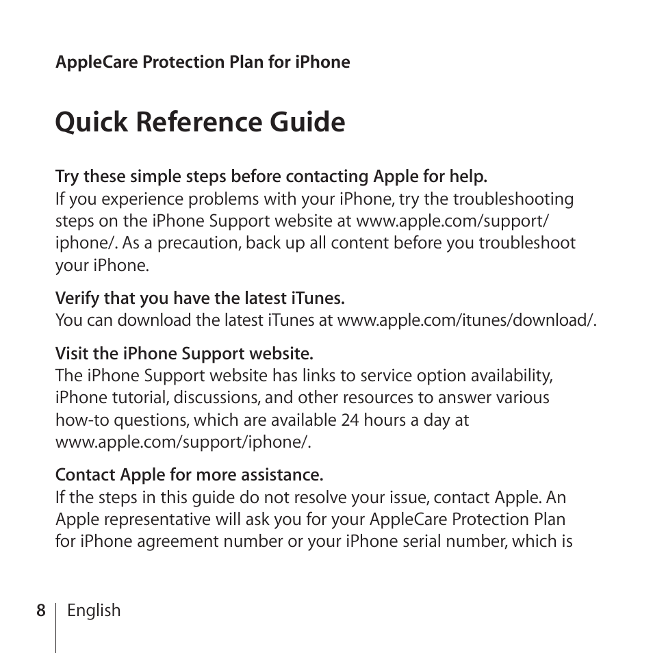 Quick reference guide, 8 quick reference guide | Apple AppleCare Protection Plan for iPhone User Manual | Page 8 / 80