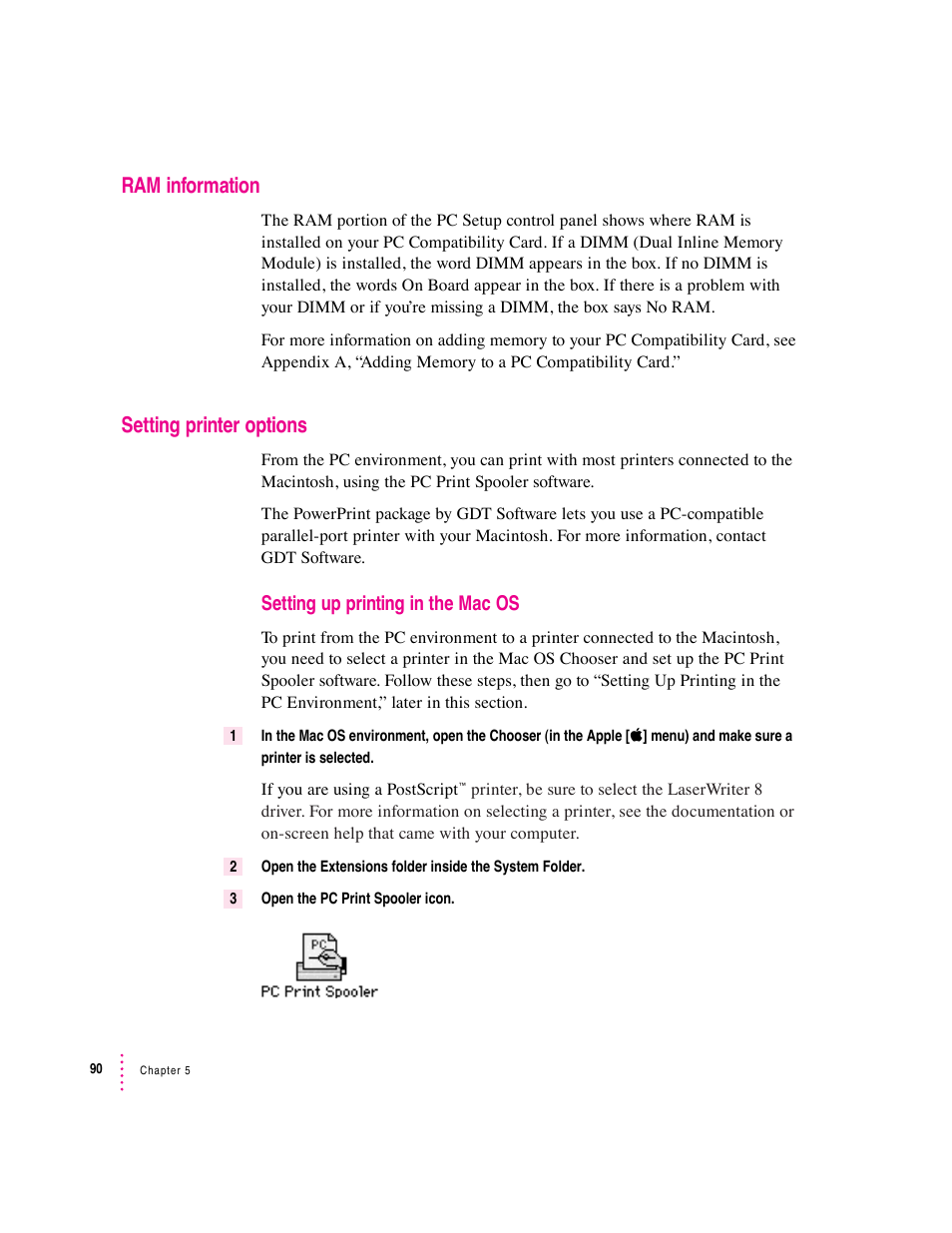 Ram information, Setting printer options, Setting up printing in the mac os | Apple PC Compatibility Card 7-inch card User Manual | Page 102 / 213