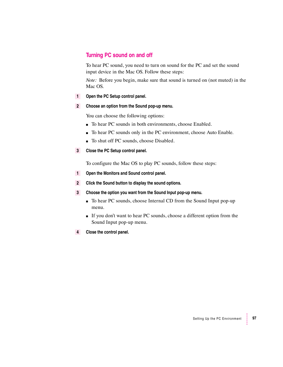 Turning pc sound on and off | Apple PC Compatibility Card 7-inch card User Manual | Page 109 / 213