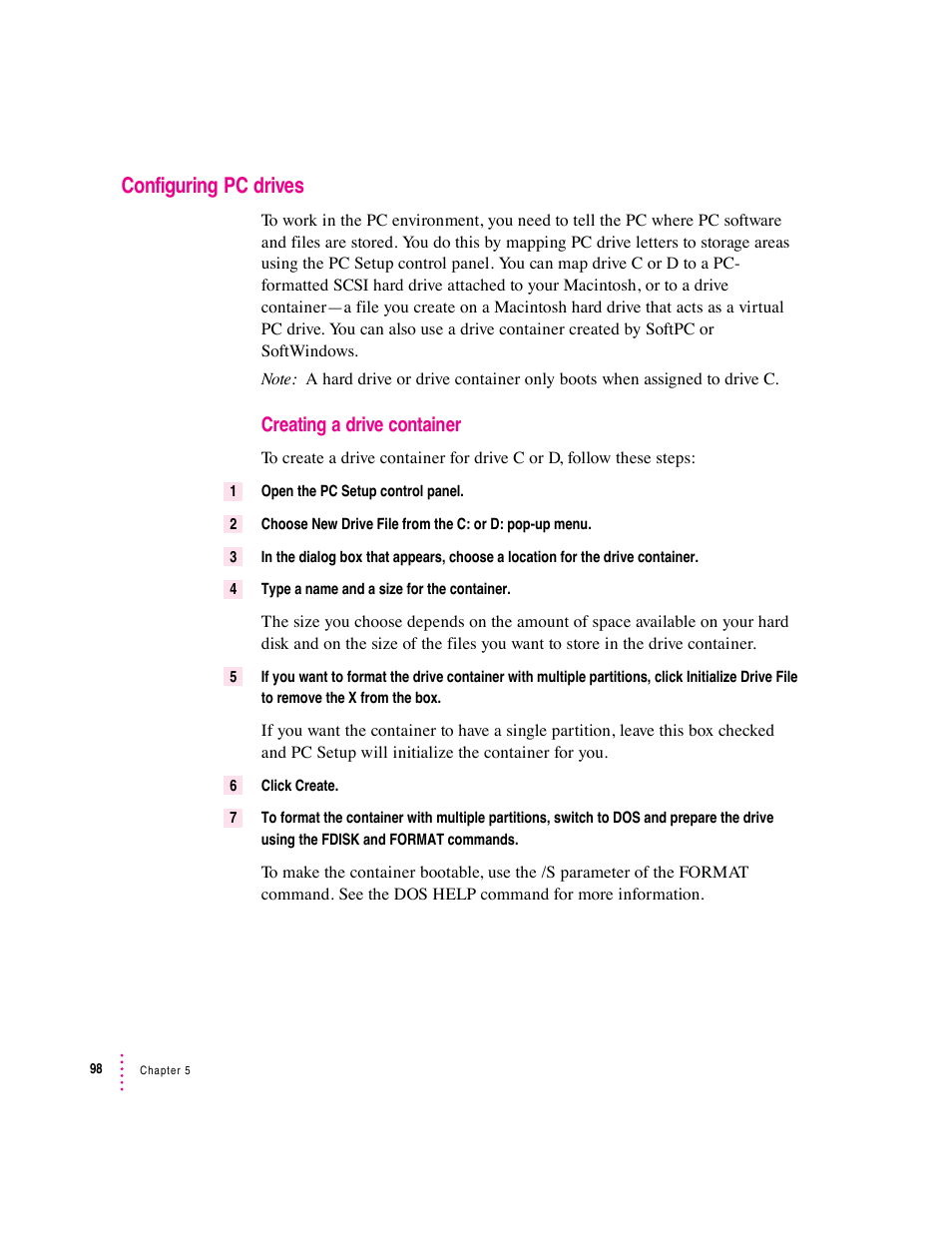 Configuring pc drives, Creating a drive container | Apple PC Compatibility Card 7-inch card User Manual | Page 110 / 213