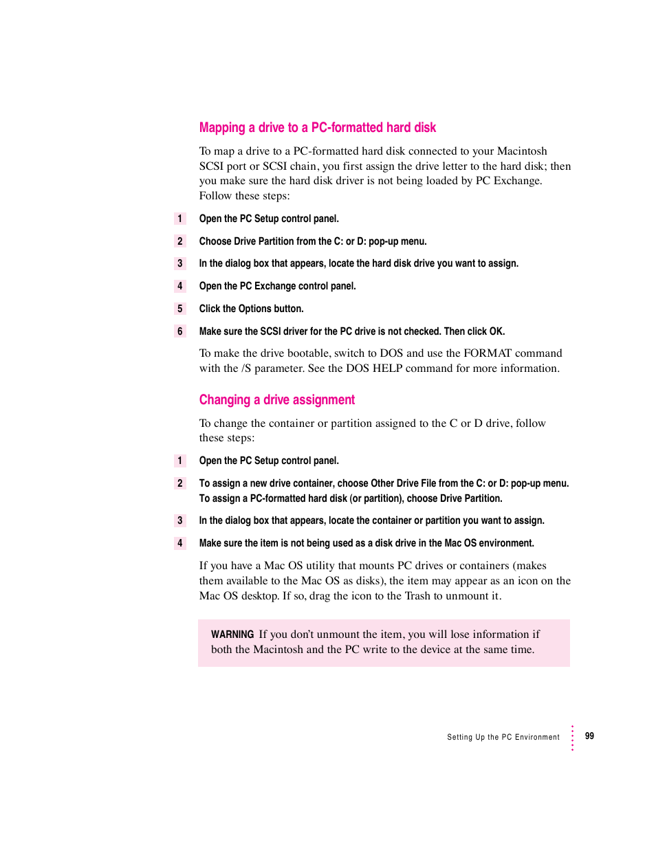 Mapping a drive to a pc-formatted hard disk, Changing a drive assignment | Apple PC Compatibility Card 7-inch card User Manual | Page 111 / 213