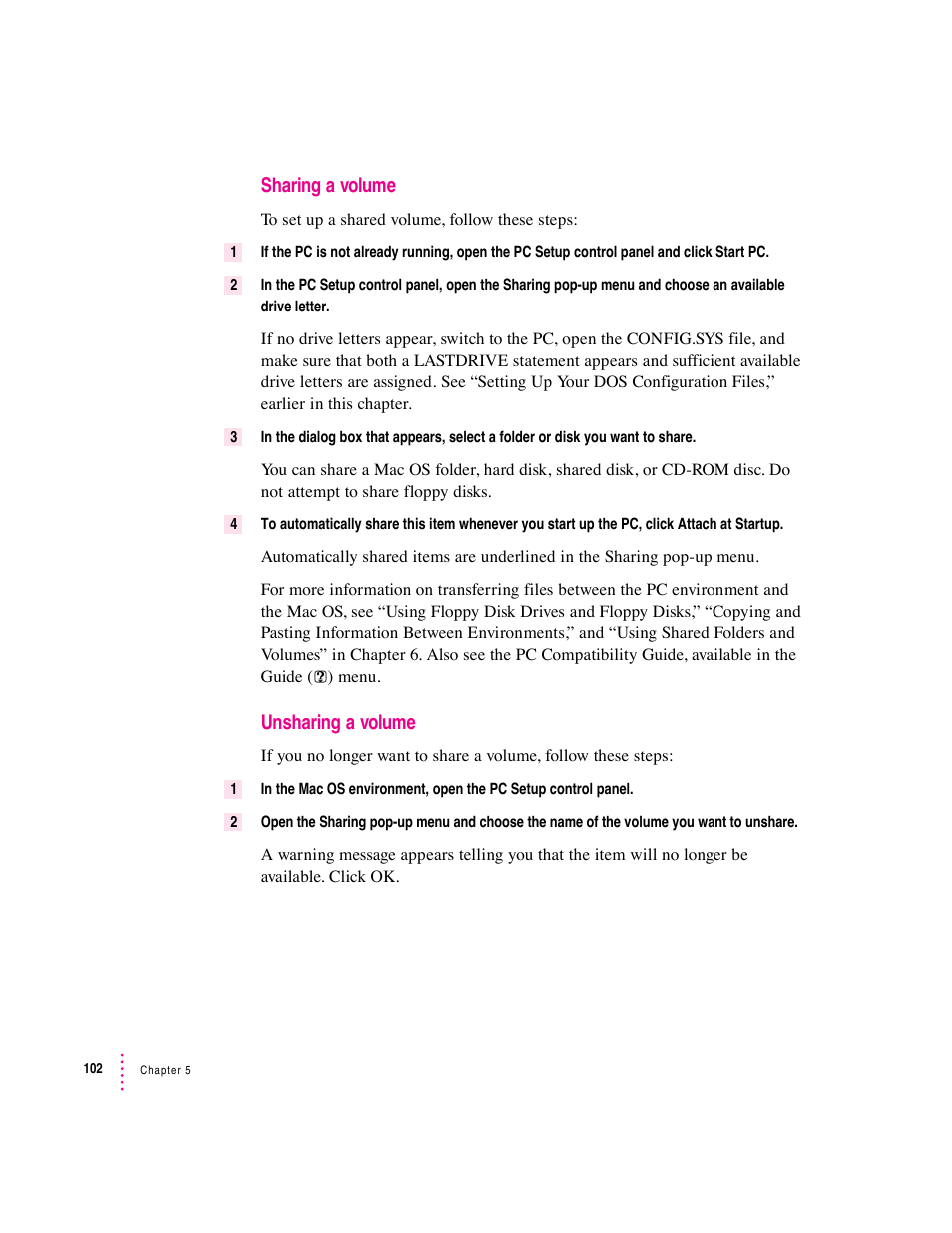 Sharing a volume, Unsharing a volume | Apple PC Compatibility Card 7-inch card User Manual | Page 114 / 213