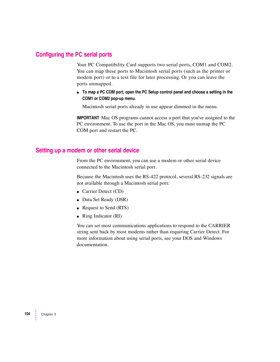 Configuring the pc serial ports, Setting up a modem or other serial device | Apple PC Compatibility Card 7-inch card User Manual | Page 116 / 213