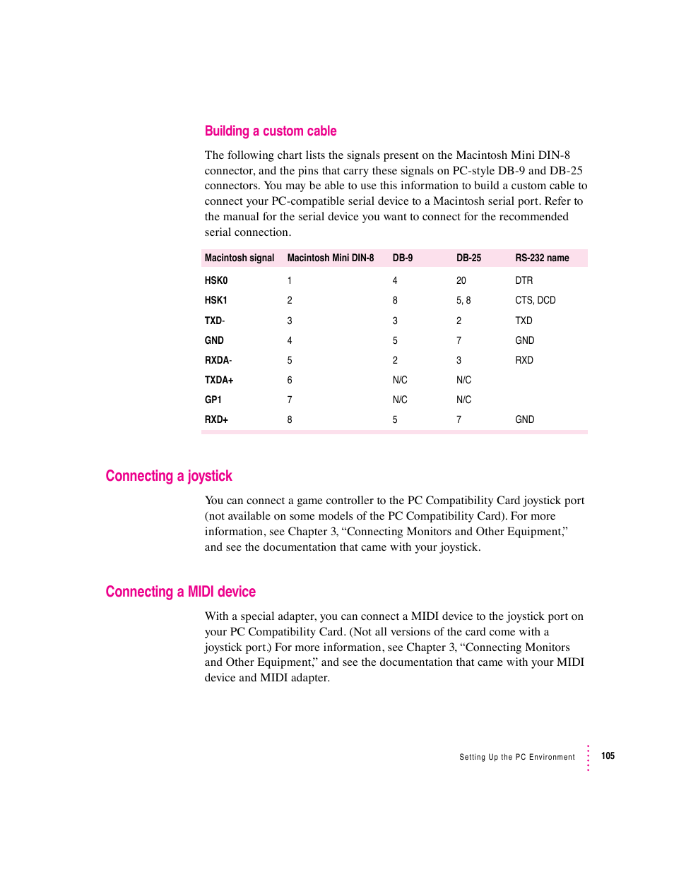 Connecting a joystick, Connecting a midi device, Building a custom cable | Apple PC Compatibility Card 7-inch card User Manual | Page 117 / 213