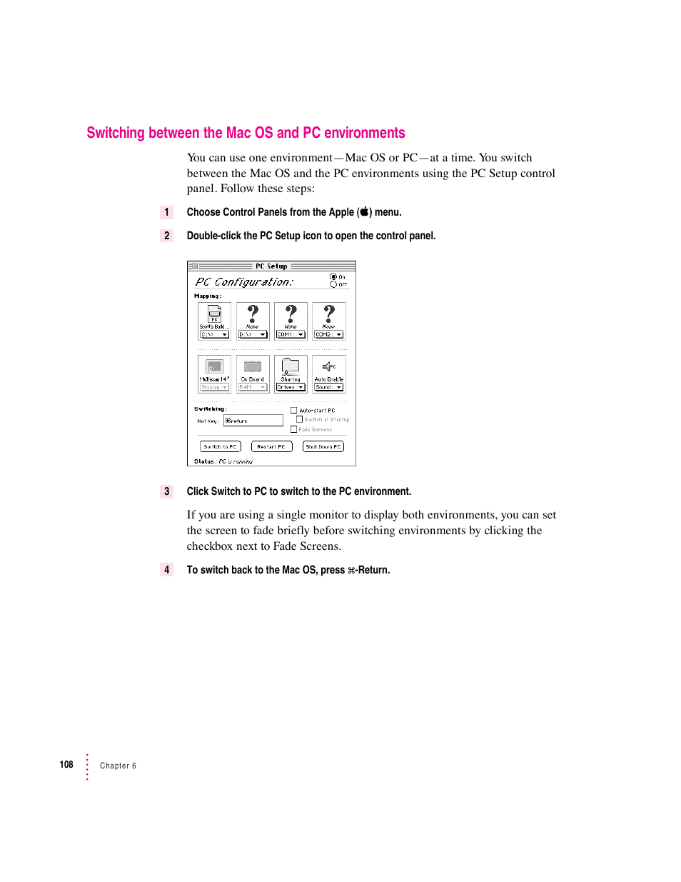 Switching between the mac os and pc environments | Apple PC Compatibility Card 7-inch card User Manual | Page 119 / 213