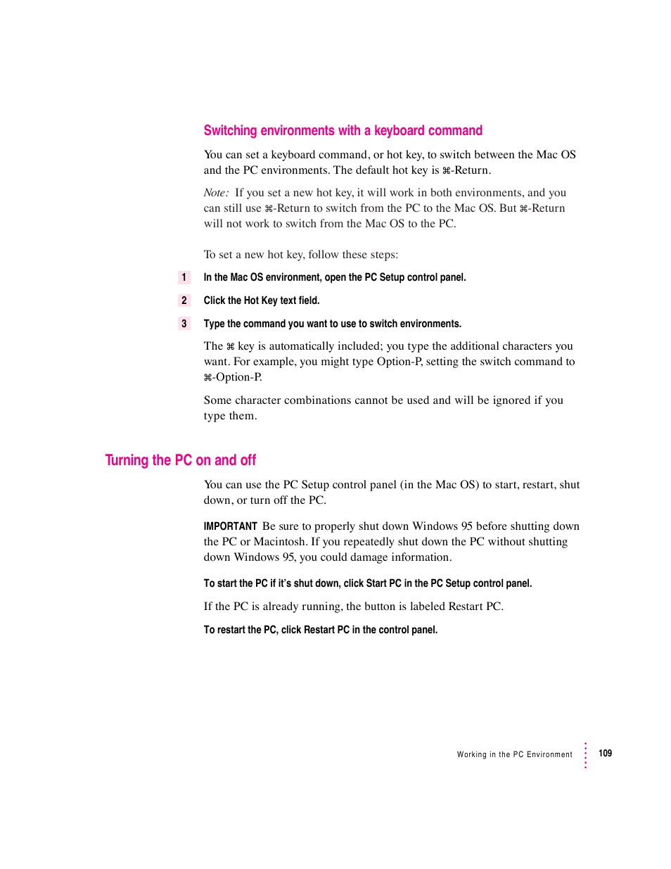 Turning the pc on and off, Switching environments with a keyboard command | Apple PC Compatibility Card 7-inch card User Manual | Page 120 / 213