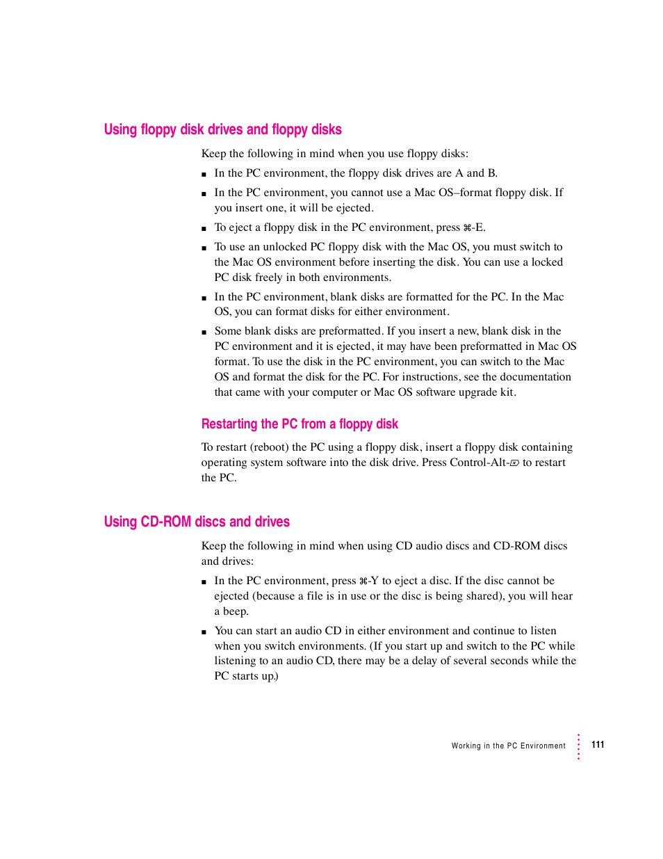 Using floppy disk drives and floppy disks, Using cd-rom discs and drives | Apple PC Compatibility Card 7-inch card User Manual | Page 122 / 213