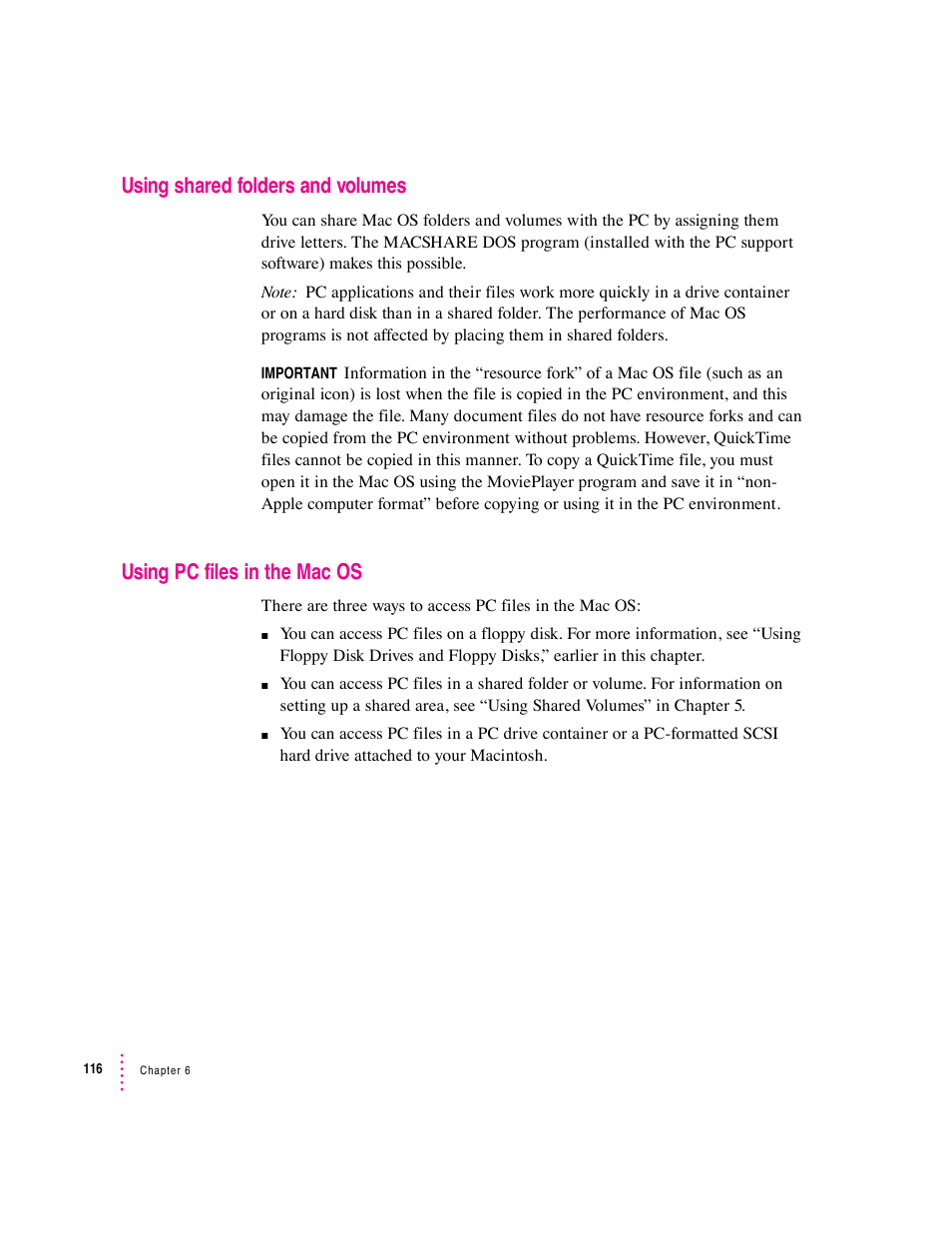 Using shared folders and volumes, Using pc files in the mac os | Apple PC Compatibility Card 7-inch card User Manual | Page 127 / 213