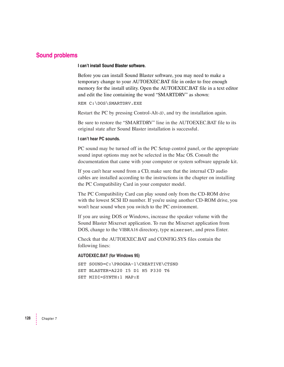 Sound problems | Apple PC Compatibility Card 7-inch card User Manual | Page 138 / 213