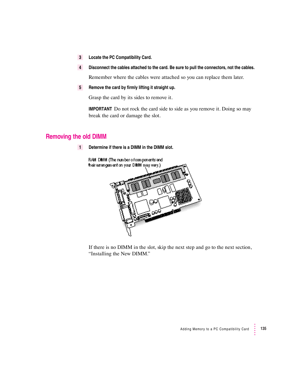 Removing the old dimm | Apple PC Compatibility Card 7-inch card User Manual | Page 144 / 213