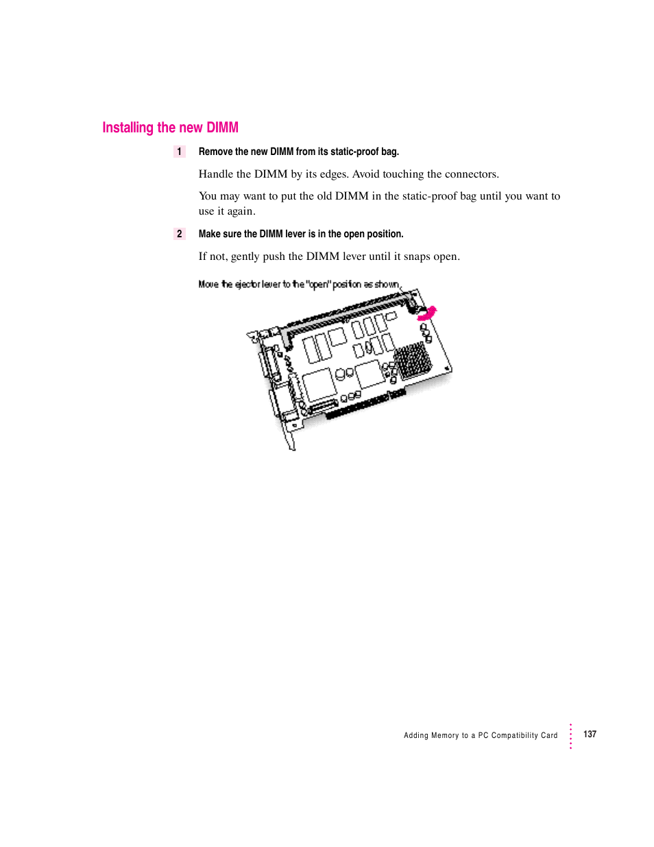 Installing the new dimm | Apple PC Compatibility Card 7-inch card User Manual | Page 146 / 213