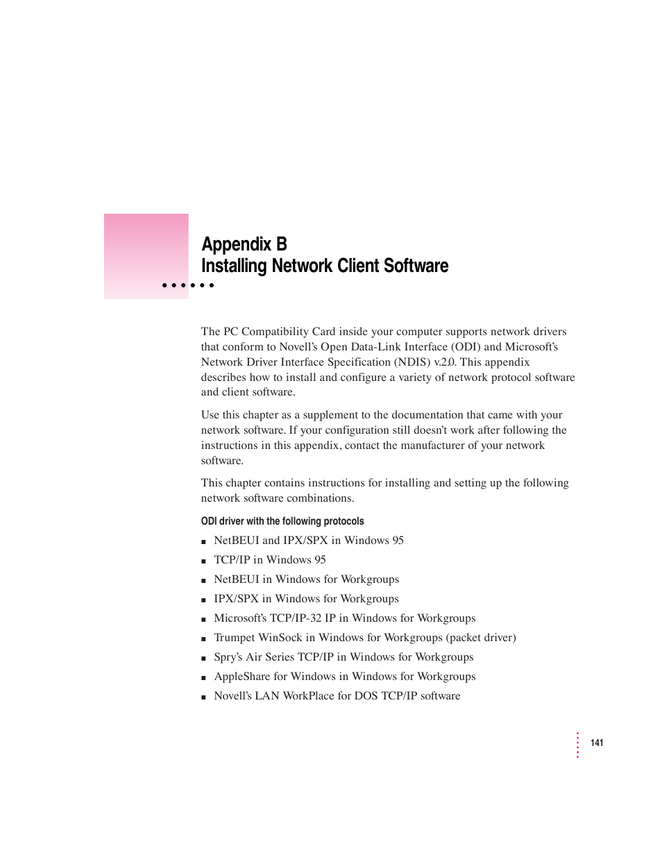 Appendix b installing network client software | Apple PC Compatibility Card 7-inch card User Manual | Page 149 / 213