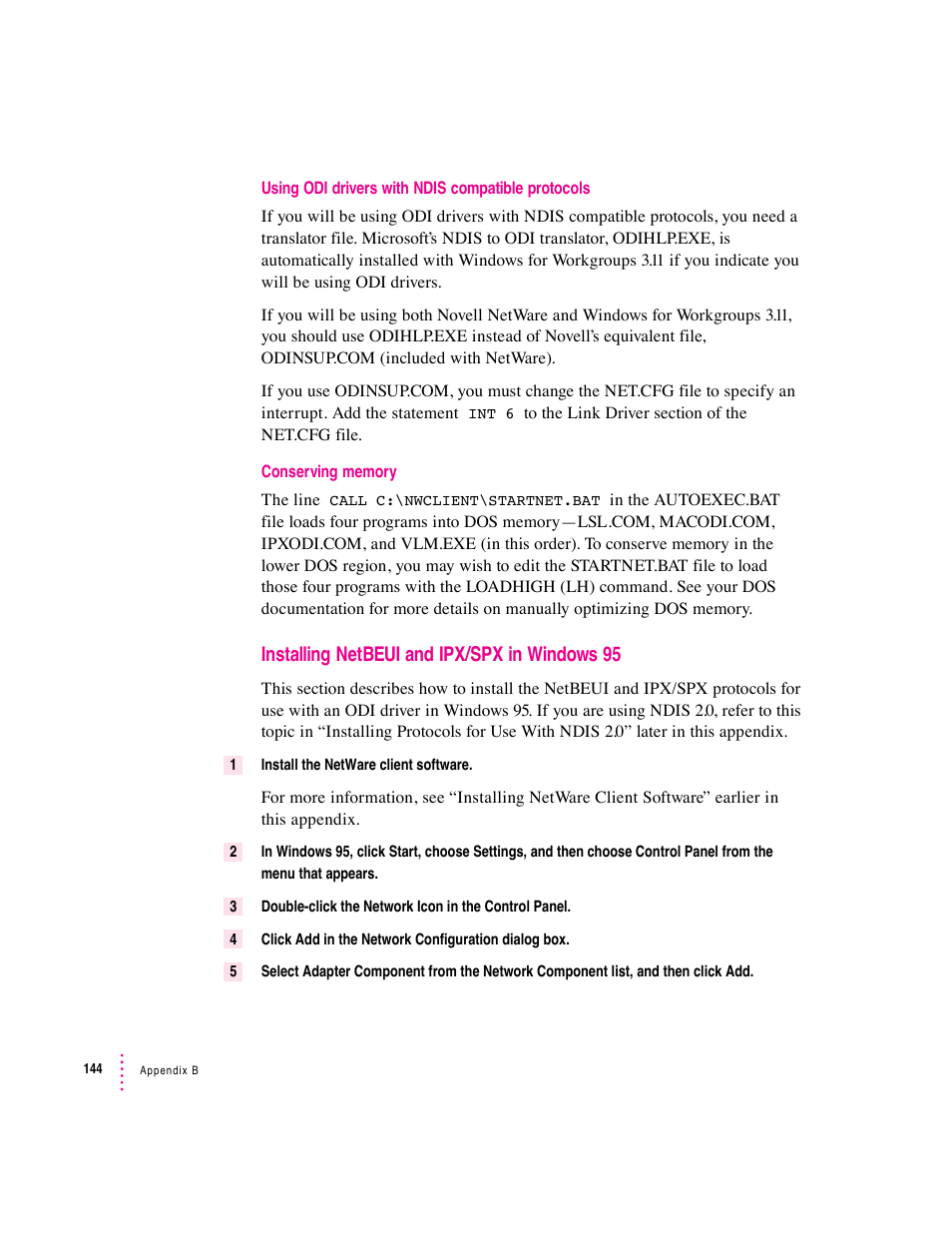 Installing netbeui and ipx/spx in windows 95 | Apple PC Compatibility Card 7-inch card User Manual | Page 152 / 213