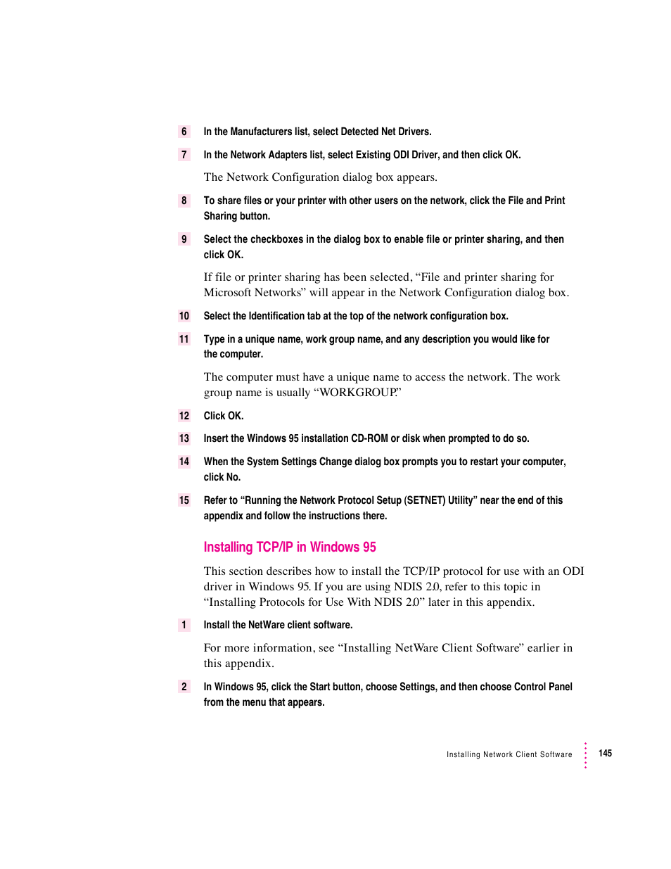 Installing tcp/ip in windows 95 | Apple PC Compatibility Card 7-inch card User Manual | Page 153 / 213